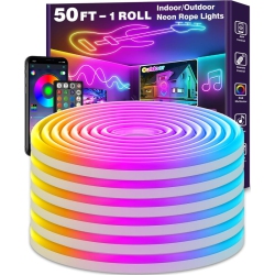 OLLNY DECOR LIGHTS Led Neon Rope Lights 50Ft, Control \w App/remote, Ip65 Outdoor RGB Neon Lights Waterproof, Music Sync Gaming Led Neon Strip Lights