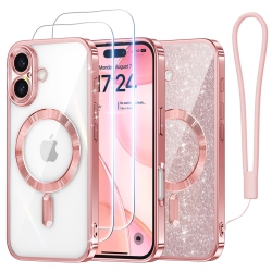 HLD Iphone 16 Plus 6.7’’, 2X Screen Protectors Glitter Card & Wrist Strap Magsafe Compatible Full Camera Protection for Iphone 16 Plus Case, Rose