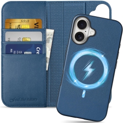 HLD Iphone 16 Plus 6.7-Inch, Genuine Leather Detachable Wireless Charging Folio Magnetic Kickstand Rfid Blocking Card Slots Cover Compatible \w