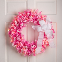 NORTHLIGHT Pre-Lit Flocked Pine Artificial Christmas Wreath - 24" - - Clear Lights In Pink