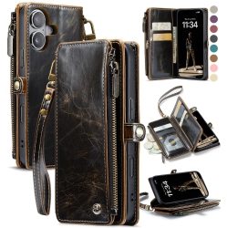 HLD Iphone 16 Case, ?rfid Blocking? for Iphone 16 Wallet Case for Woman Men \w Card Holder, Pu Leather Zipper Strap Magnetic Snap Protective Cover For