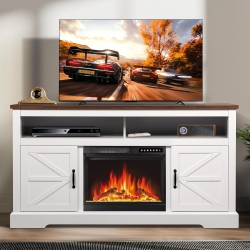 ZAFRO Flame Electric Fireplace Tv Stand for Tvs Up to 65 Inch, 4 Flame & 12 Log Colors, Farmhouse Media Console \w Storage Shelves And Cabinets, White