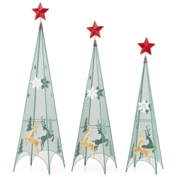 COSTWAY Set Of 3 Tower Shaped Christmas Trees (3Ft/3.5Ft/4Ft) Artificial Xmas Metal Trees