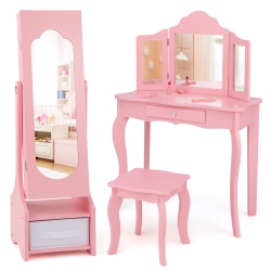 COSTWAY Kids Vanity Set Princess Makeup Dressing Table & Chair Set With Jewelry Armoire