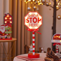 YOULIGHTS Christmas Decorations Santa Stop Here Pole Sign \w Led Light Xmas Tabletop Stand Decor for Indoor Home Office Holiday Party Decorative