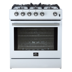 FORNO Leonardo Espresso 30" Gas Range, 5 Burners, 39 500 Btu, 5 Cu.ft. Convection Oven In White