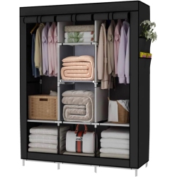 LIVEARTY (TM) Portable Wardrobe Closet Clothes Organizer Non-Woven Fabric Cover \w 6 Storage Shelves, 2 Hanging Sections And 4 Side Pockets，black