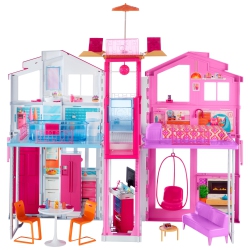 BARBIE Doll House, 3-Story Townhouse With 4 Rooms & Rooftop Lounge, Furniture & Accessories Including Swinging Chair