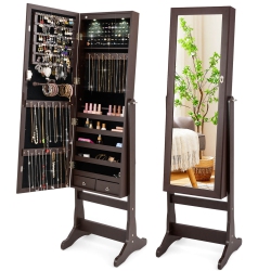 COSTWAY Standing Mirror Jewelry Cabinet, Large Storage Jewelry Organizer W/full Length Mirror, 4 Adjustable Angles & 2 Led Lights, Lockable Jewelry