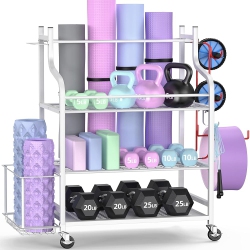 ZACHVO Yoga Mat Storage Rack Home Gym Organizer for Dumbbells Foam Rollers Yoga Straps Resistance Bands With Wheels And Hooks In White