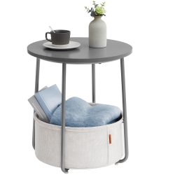 VASAGLE Small Round Side End Table, Modern Nightstand With Fabric Basket, Cement Gray And Cream Ulet223G49 In White
