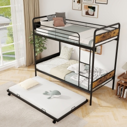 GYMAX Twin Over Twin Bunk Bed W/ Trundle Industrial Metal Bunkbed Frame