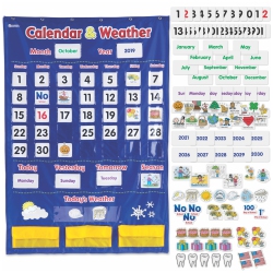 LEARNING RESOURCES Calendar And Weather Pocket Chart - 136 Pieces, Classroom Supplies And Organization