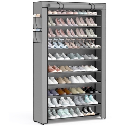 SORTWISE 10 Tier Shoe Rack With Dust Cloth Cover, Large Capacity Tall Shoe Shelf Organizer Storage to 50 Pairs Shoes In Gray