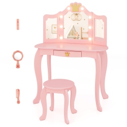 COSTWAY Kids Vanity Set Princess Vanity Table & Chair Set With Lighted Mirror