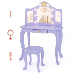 COSTWAY Kids Vanity Set Princess Vanity Table & Chair Set With Lighted Mirror