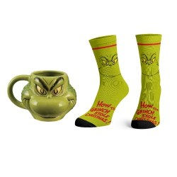 BIOWORLD The Grinch Big Face Crew Socks & 16OZ Sculpted Mug Combo