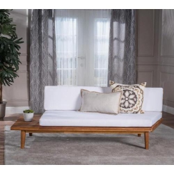 OLLNY DECOR Indoor Minimalist Acacia Wood Left-Sided 2 Seater Sofa With Cushions In White