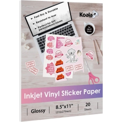 KOALA PAPER Koala Printable Vinyl Sticker Paper for Inkjet Printers - 20 Sheets Glossy Waterproof Adhesive Label Paper - In White