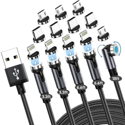 GOURDE Magnetic Charging Cable 5-Pack [10/6/6/3/3Ft], 540° Rotating Magnetic Phone Charger With Light, 3 In 1 Nylon