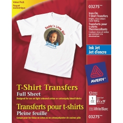AVERY T-Shirt Transfers, for Use On Light Fabrics, Inkjet Printers, 12 Full-Sheet Paper Transfers (03275) In White