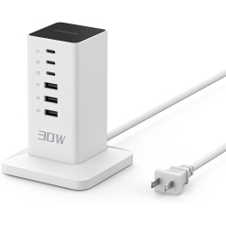 TESSAN USB Charging Station for Multiple Devices 30 W, Tower Multi USB C Charger With 6 USB Ports, 15 W USB C Hub With 5