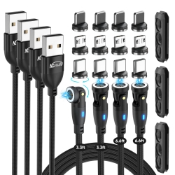 NESTELLE Magnetic Charging Cable, 9 Pins Fast Charge 540 Degrees Rotataion Data Sync Transfer Cord, USBa to 3 In 1 Head