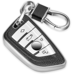 CTRINEWS for Bmw Key Fob Cover With Leather Keychain, Blade Shape Advanced Soft Tpu Surface Grain Key Fob Holder