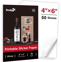 KOALA PAPER Koala Glossy Sticker Paper for Inkjet Printer, 4X6 Inch 50 Sheets Printable Sticker Paper, Self-Adhesive Photo In White