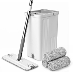 LIVINGBASICS Self-Wash And Squeeze Dry Flat Mop And Bucket Set, Includes 3 Washable Microfiber Pads, Dual-Chamber Bucket System \w 360 Rotation Mop