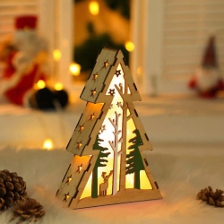 OLLNY DECOR 1-PCs 7.9 Inch Wooden Mini Christmas Tree Luminous Small House Rustic Farmhouse Wood Decor for Christmas Home Tabletop Fireplace