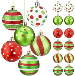 OLLNY DECOR 12 PCs 2.4 Inch Christmas Ball Ornaments Glittering Plastic Hanging Decorations Elf Balls Swirl Candy Cane Peppermint And Green