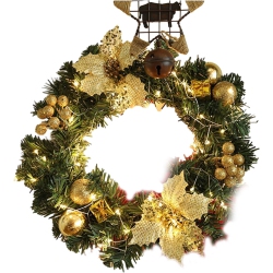 OLLNY DECOR 11.8Inch Christmas Wreath \w Led String Light - Pre-Lit Xmas Door Wreath, Decorated \w Glitter Poinsettia Flower, Berries Bunches