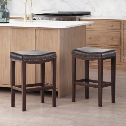 YOULIGHTS Pu Leather Bar Stools Set Of 2 With Solid Wood Legs Mid Century Backless Kitchen Chairs Saddle Seat Studded Counter Height Chairs