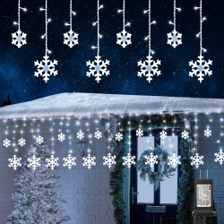 OLLNY DECOR Christmas Snowflake Lights Outdoor, 17.22Ft 264 Led Snowflake Icicle Lights \w 22 Drops, 8 Modes Connectable Plug In Christmas Light