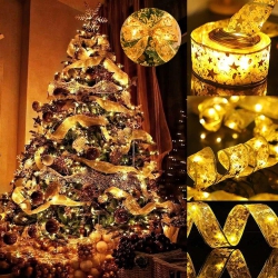 OLLNY DECOR Christmas Tree Decorations Ribbon Lights 32Ft 100 Led Fairy Lights Battery-Powered Copper Wire Ribbon Bows Lights for Halloween Xmas