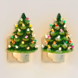 OLLNY DECOR Set Of 2 Ceramic Christmas Tree Night Light, 6" Christmas Decorative Ceramic Tree