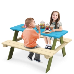COSTWAY Kids Wooden Picnic Table Set Solid Dining Table With Built-In Benches for Patio