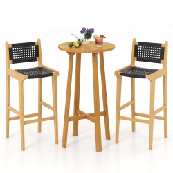 COSTWAY 3 PCs Patio Bar Set Round Cocktail Table With 2 Armless Rattan Bar Stools