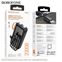 BOROFONE Bj60A 20000Mah Flashlight Power Bank With 4 Cables Ip/type-C Multiple Outputs Power Supply for Mobile Phone Led Display In Black