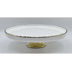 ELEGANCE Simplicity Collection Porcelain Raised Gold Trim Round Cake Plate With Stand In White