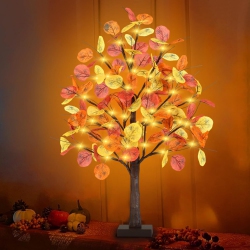 NIERBO 2Ft Fall Lighted Eucalyptus Tree, Prelit Tabletop Artificial Tree \w 36 Led Lights, 108 Leaves, Timing Battery Operated Fall Tree for Indoor