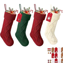 MEHIAZ 18 Inches Large Christmas Stockings- 6PCs Burgundy Red, White Ivory - Stretchable Knitted Xmas Stockings \w 50PCs Personalizeable Gift Tags