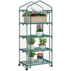 OUTSUNNY 27" X 20" X 65" Portable Greenhouse \w 4 Tier Shelves And Wheels, Outdoor Hot House Plant Flower Greenhouse, Steel Frame, Plastic Cover