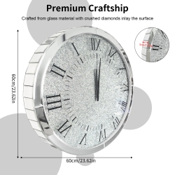 UNHO 24 Inch Crushed Diamond Wall Clock: Twinkle Crystal Diamond Wall Hanging Round Clock \w Bevels Edging Modern Wall Clock for Bedroom, Dining