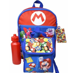 BIOWORLD Super Mario 5PC 16" Backpack Set- Lunch Bag, Water Bottle, Carabiner Clip & Id Holder- Blue, Blue, Large, Backpack In Red