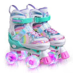 SULIFEEL Rainbow Unicorn 4 Size Adjustable Light Up Roller Skates for Girls Boys And Kids, Medium (Us 13C-3Y) In Multicolor