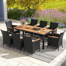 COSTWAY 9 PCs Outdoor Dining Set With Acacia Wood Tabletop, Umbrella Hole, Seat Cushions