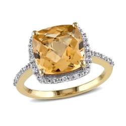 GEM AND HARMONY 4.00 Carat (Ctw) Cushion-Cut Citrine Halo Ring In 10K Gold With Diamonds In Yellow