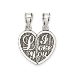 GEM AND HARMONY Sterling Antiqued Mini I Love You Break Apart Heart Pendant Necklace With Chains In Silver